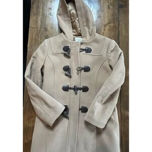 LLBean Bellandi Premium Wool Blend Duffle Coat Tan Hooded Toggle Button